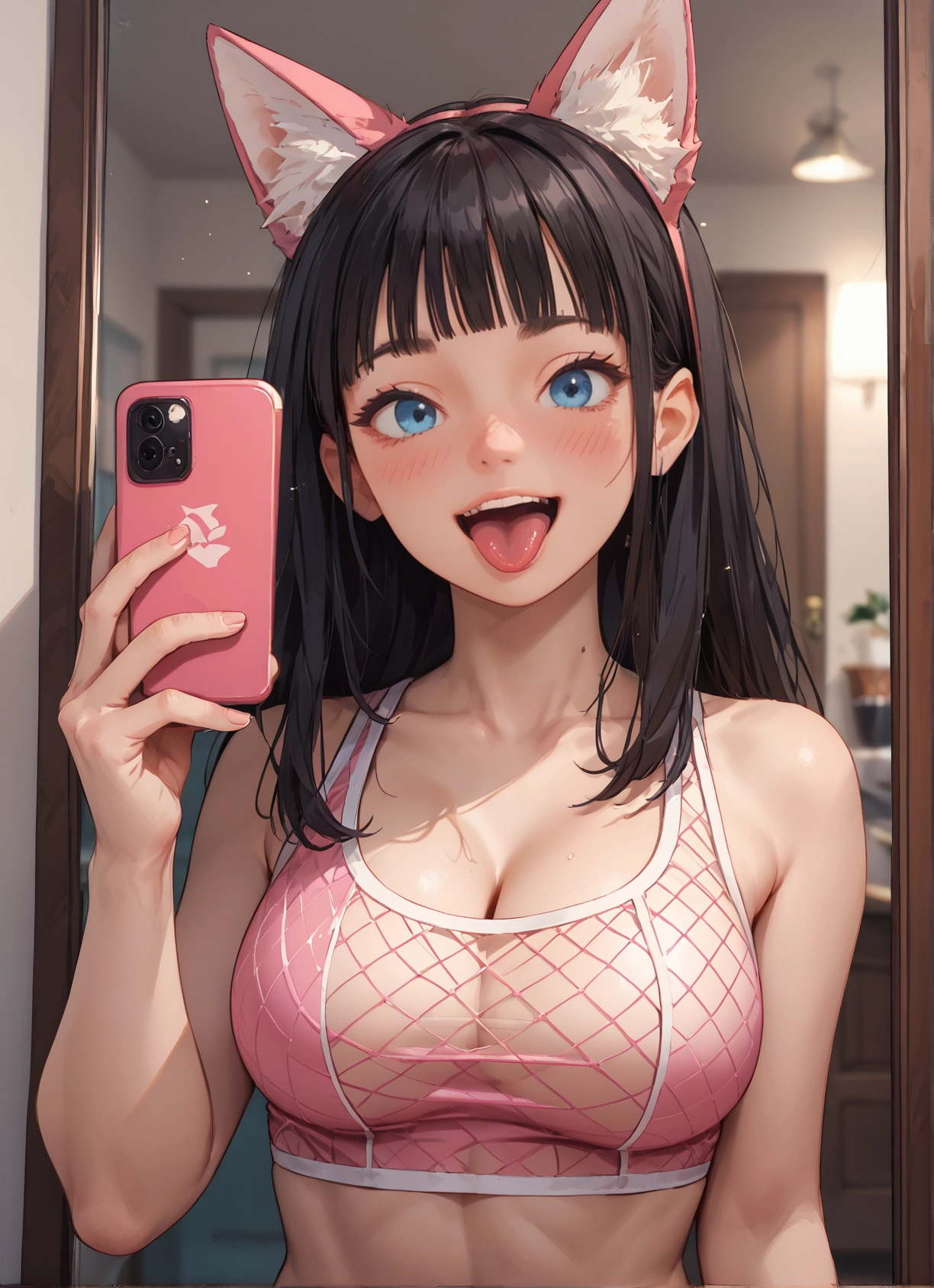 1girl, breasts, animal ears, phone, blue eyes, solo · Yamete.gg