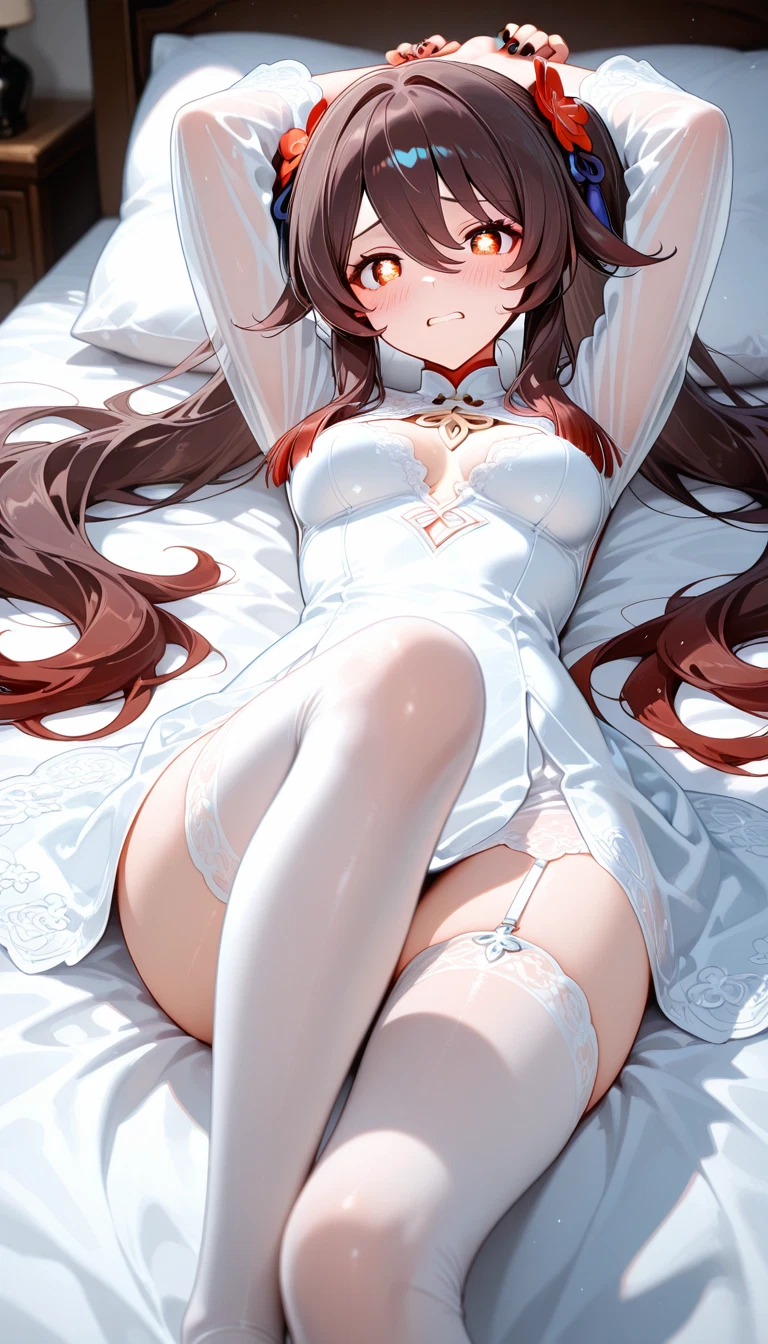 1girl, hu tao (genshin impact), solo, breasts, brown hair, thighhighs · Yamete.gg