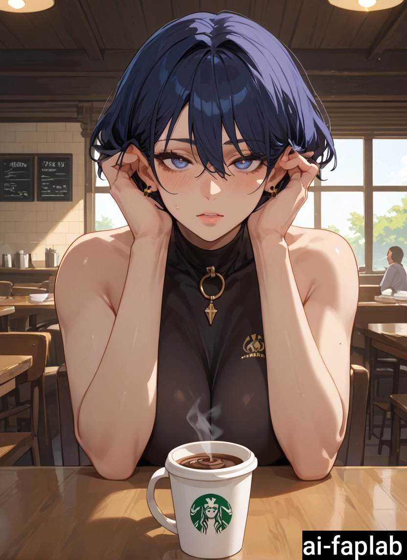 breasts, looking at viewer, 1girl, cup, blue eyes, indoors
