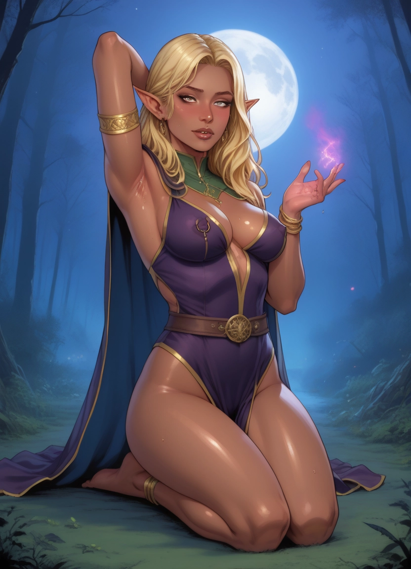 1girl, breasts, pointy ears, blonde hair, solo, moon