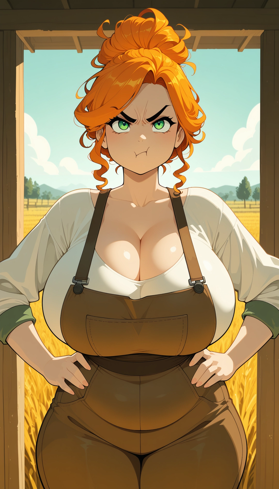 1girl, breasts, orange hair, green eyes, solo, hands on hips · Yamete.gg