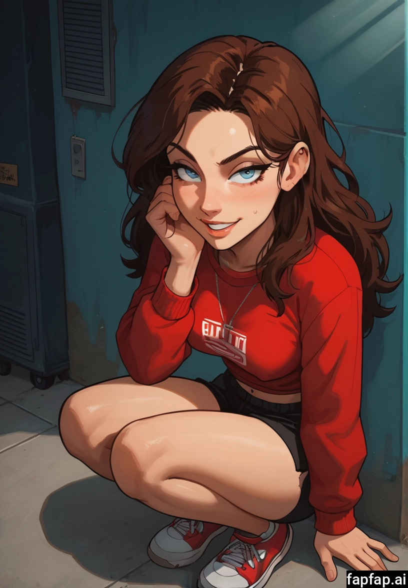1girl, solo, brown hair, shorts, squatting, blue eyes · Yamete.gg