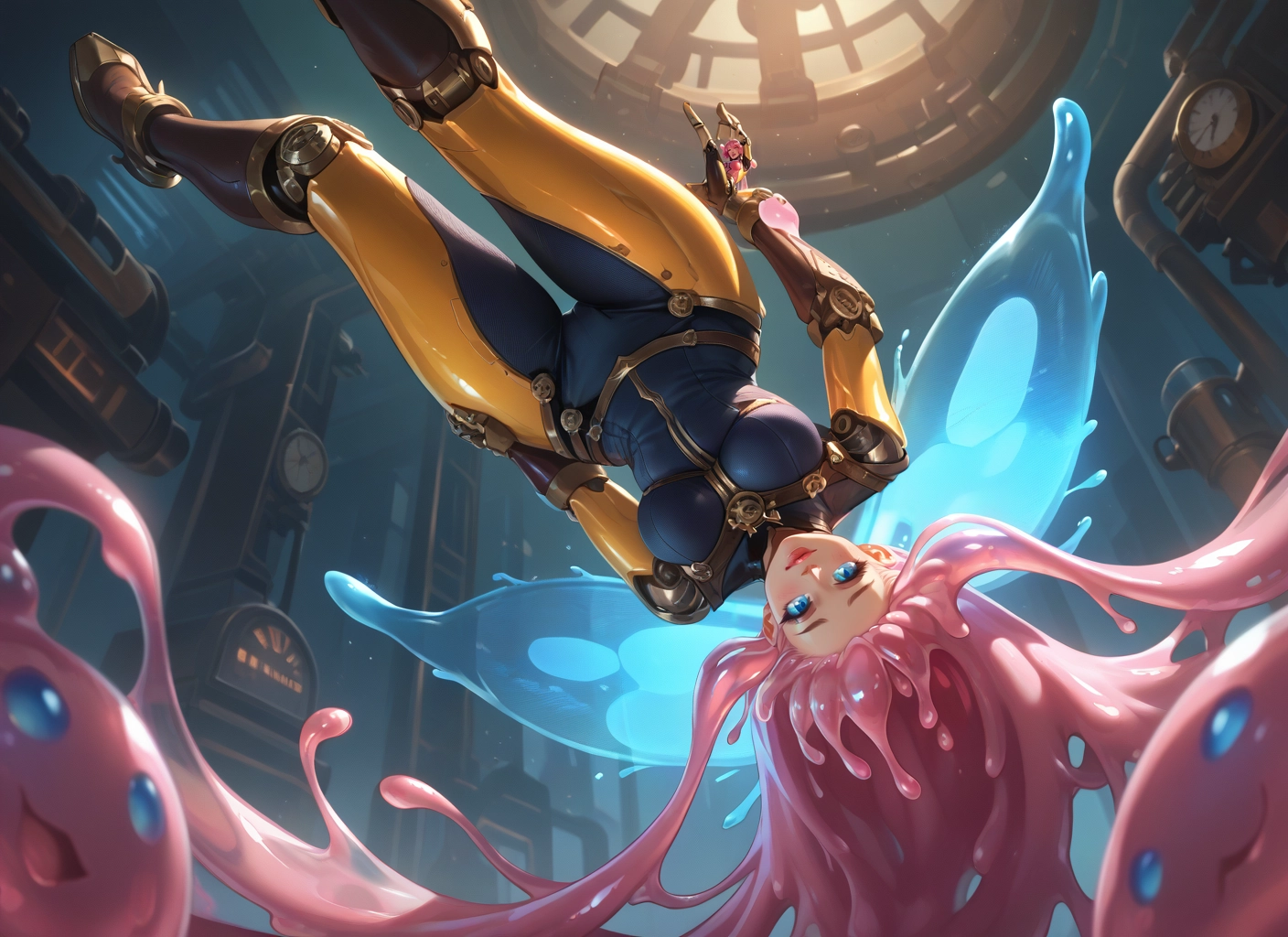 1girl, blue eyes, upside-down, bodysuit, pink hair, breasts · Yamete.gg