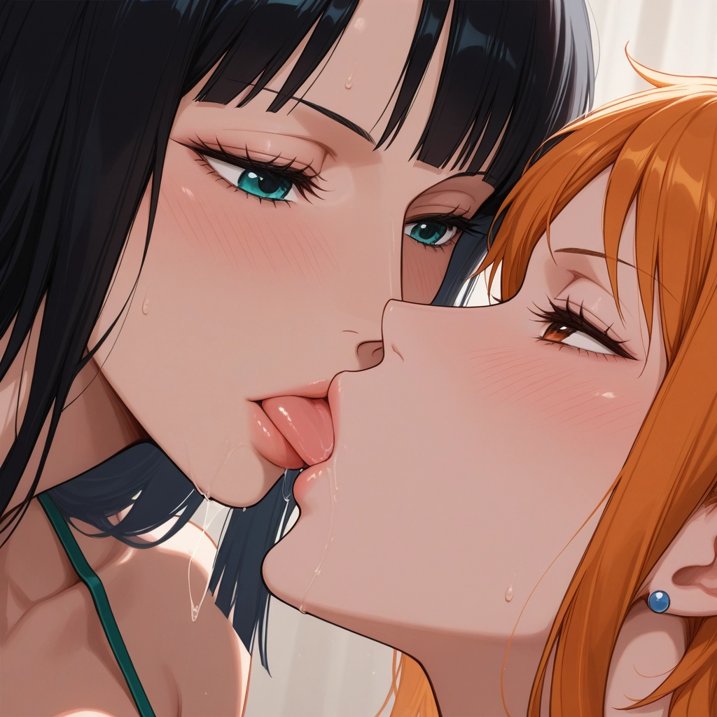 multiple girls, 2girls, yuri, kiss, jewelry, black hair · Yamete.gg