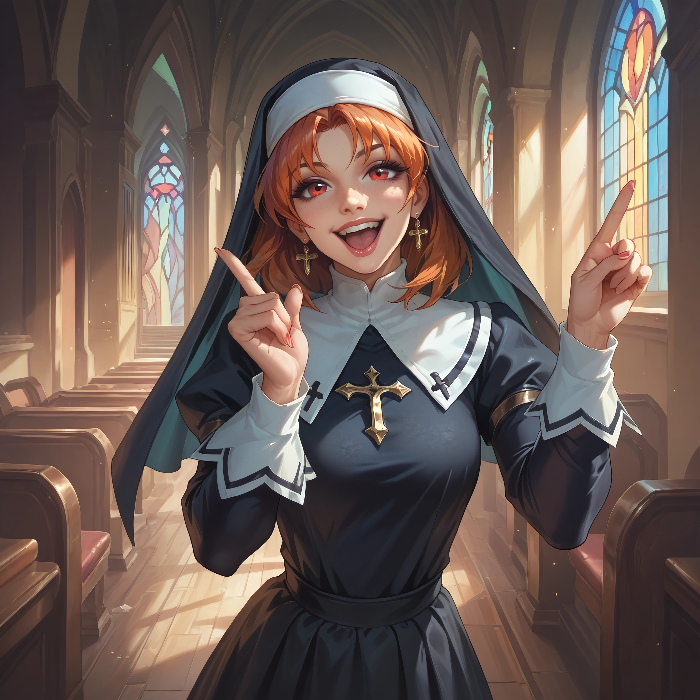 1girl, nun, jewelry, solo, earrings, red eyes · Yamete.gg