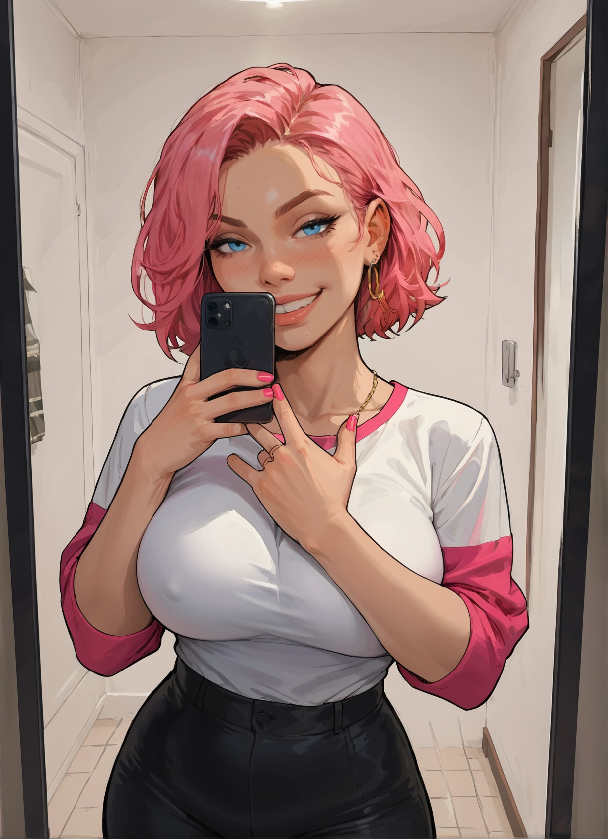 1girl, breasts, pink hair, jewelry, phone, blue eyes · Yamete.gg