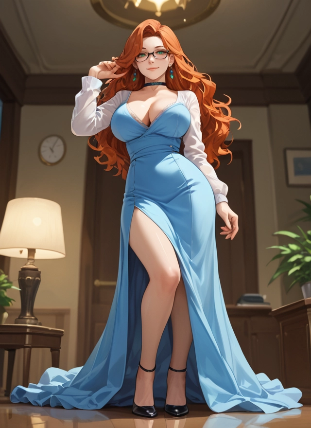 1girl, breasts, dress, glasses, jewelry, long hair · Yamete.gg