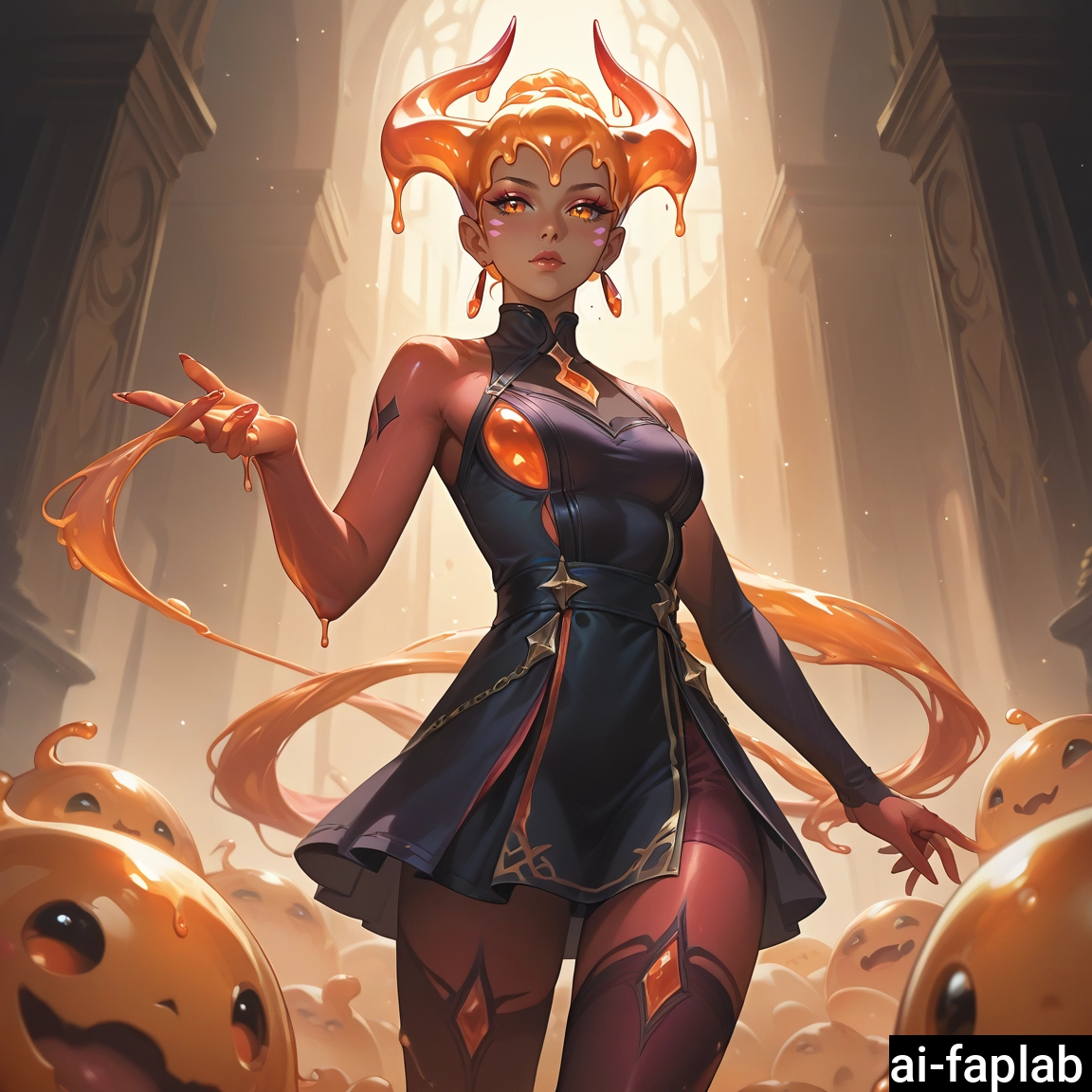 1girl, orange eyes, breasts, orange skin, horns, jewelry · Yamete.gg