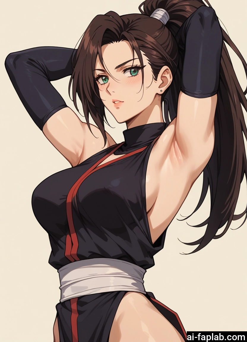 1girl, breasts, armpits, brown hair, solo, ponytail · Yamete.gg
