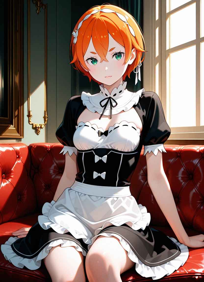 1girl, solo, maid, breasts, short sleeves, sitting · Yamete.gg