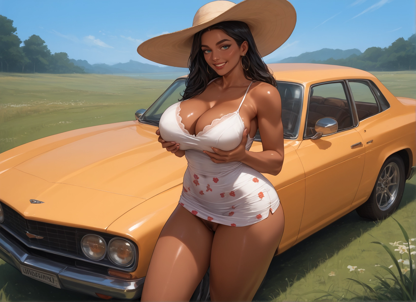 1girl, breasts, hat, ground vehicle, motor vehicle, car · Yamete.gg