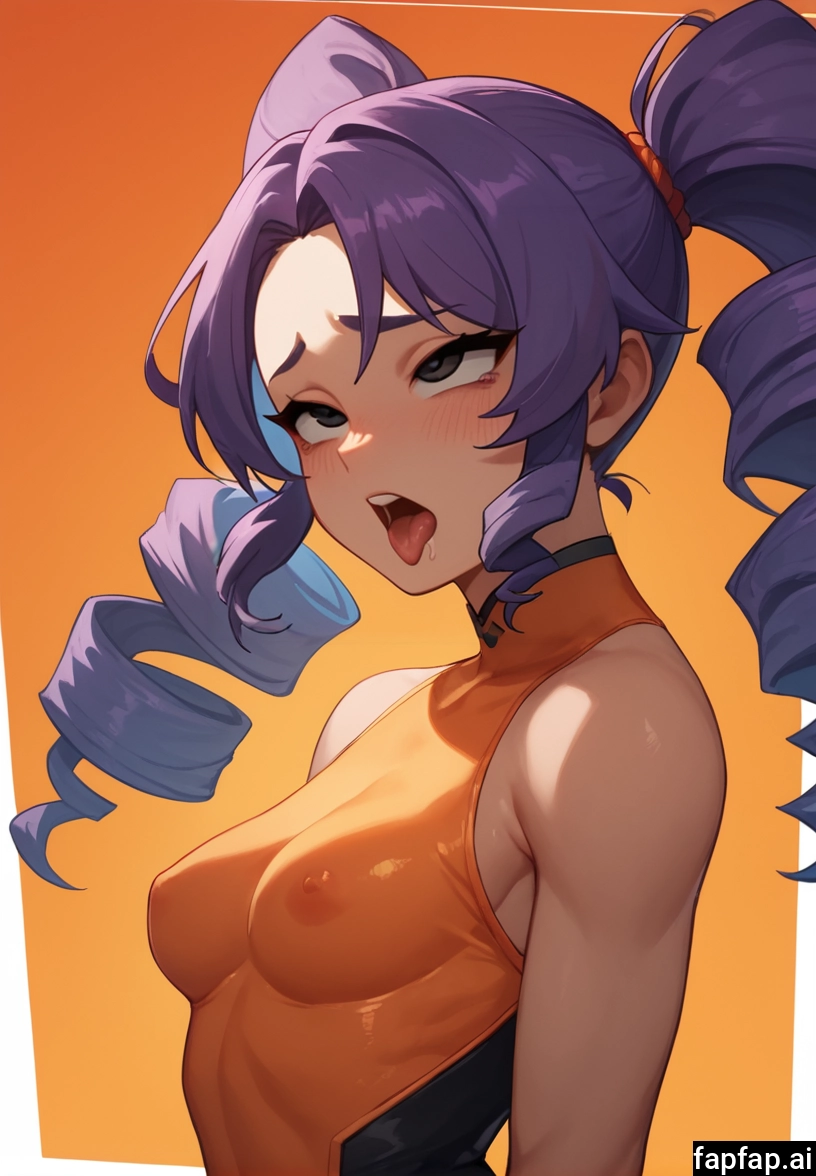 1girl, breasts, solo, tongue, covered nipples, orange background