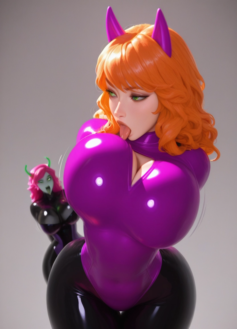 breasts, multiple girls, 2girls, tongue, green eyes, bodysuit · Yamete.gg