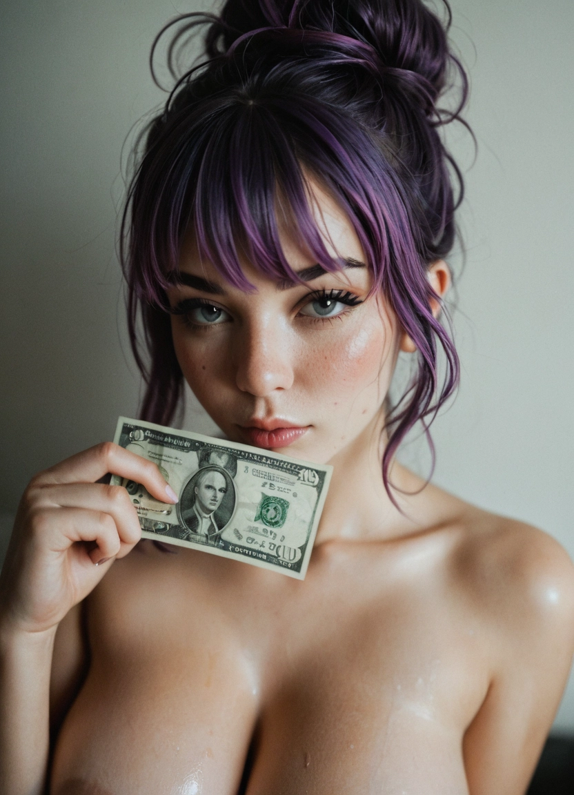 1girl, solo, realistic, breasts, purple hair, holding · Yamete.gg