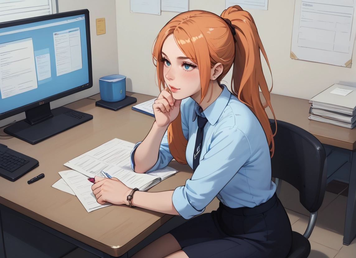 1girl, skirt, necktie, solo, blue eyes, sitting · Yamete.gg