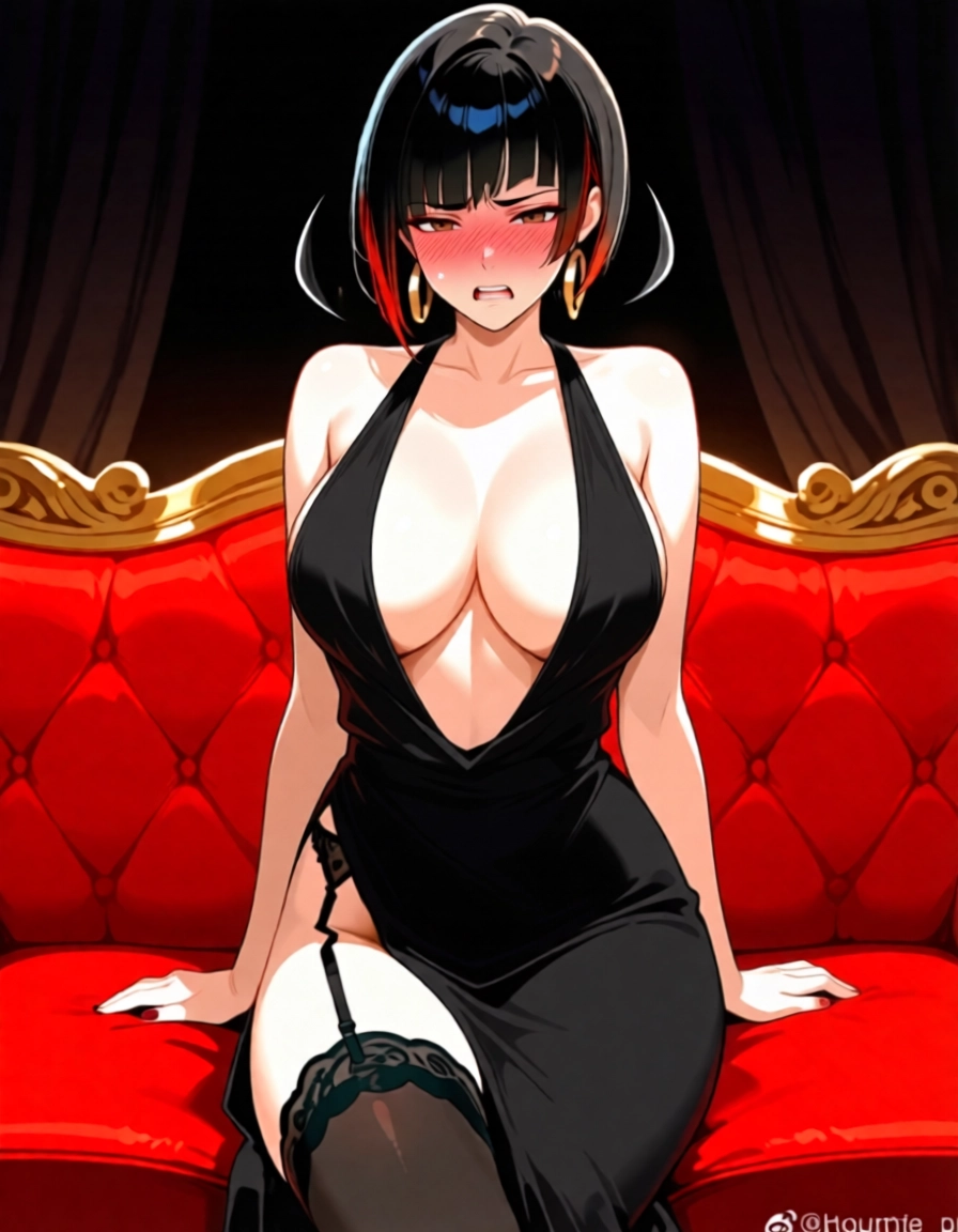 1girl, breasts, black hair, dress, solo, thighhighs · Yamete.gg