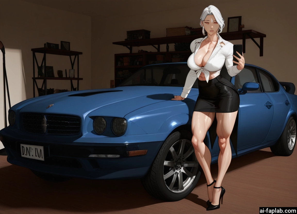 1girl, breasts, ground vehicle, motor vehicle, skirt, car
