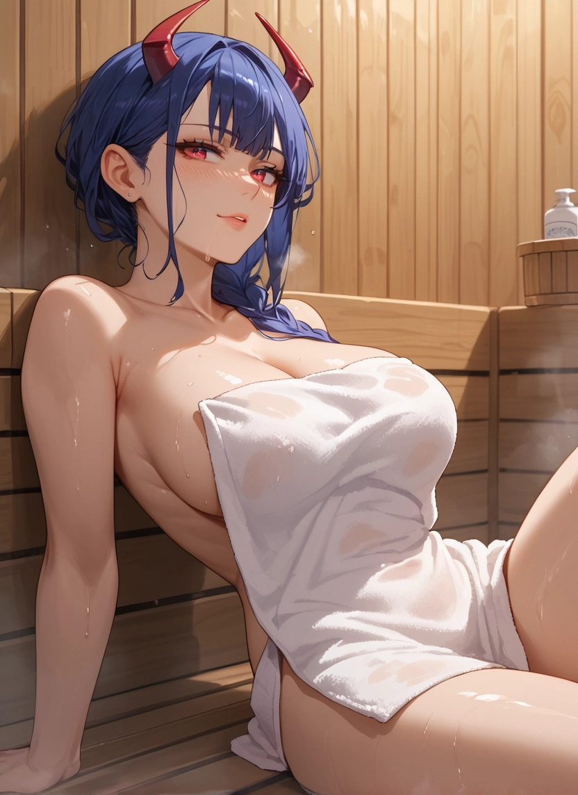 1girl, breasts, horns, towel, large breasts, solo · Yamete.gg