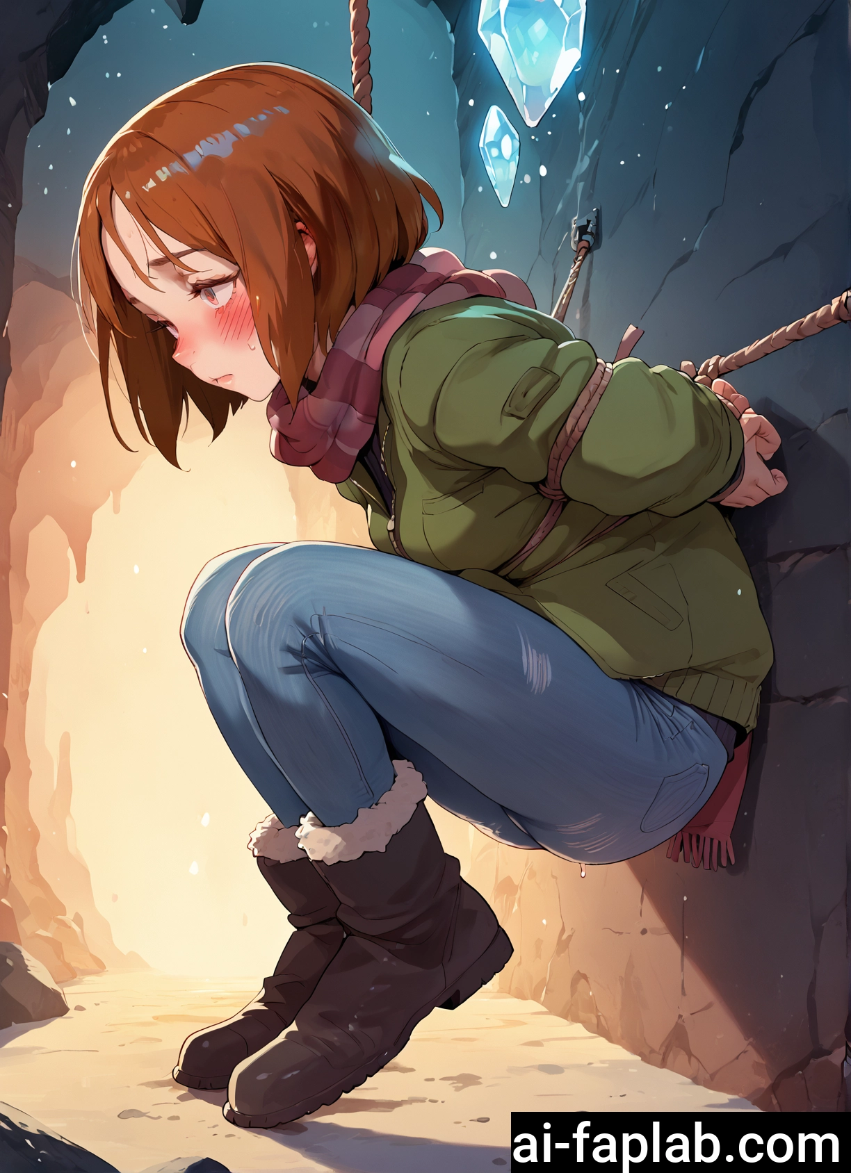 1girl, blush, scarf, brown hair, pants, solo · Yamete.gg