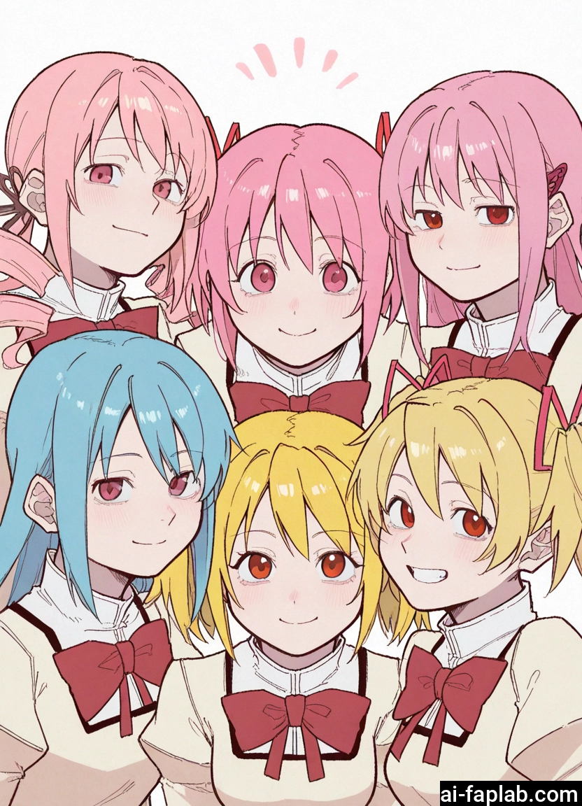 multiple girls, pink hair, blonde hair, smile, school uniform, twintails