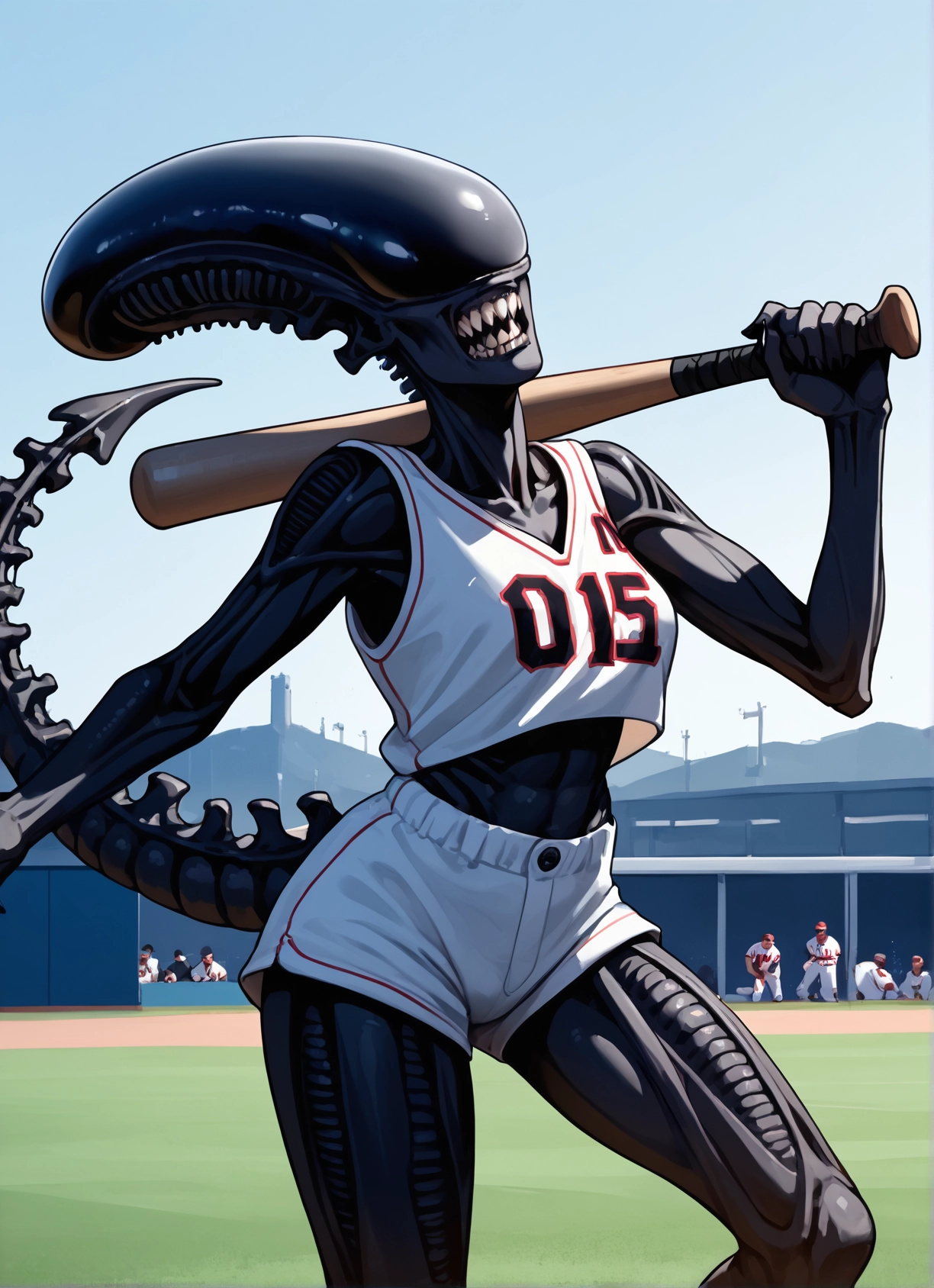 baseball bat, shorts, sportswear, tail, teeth, baseball uniform · Yamete.gg