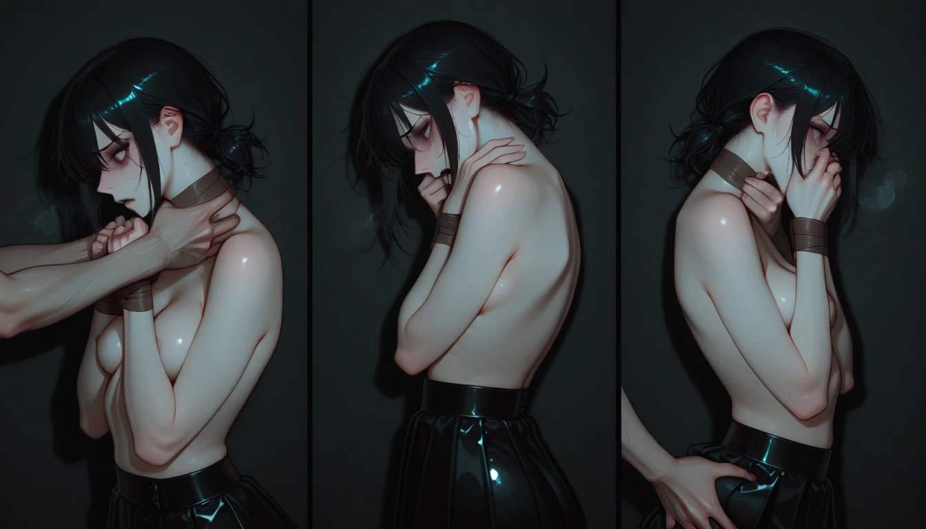 1girl, black hair, breasts, topless, blush, bound