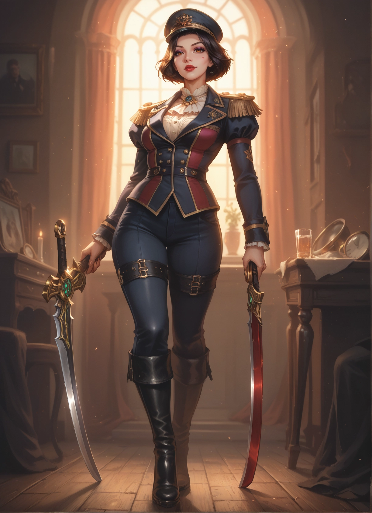 1girl, weapon, sword, boots, hat, short hair · Yamete.gg