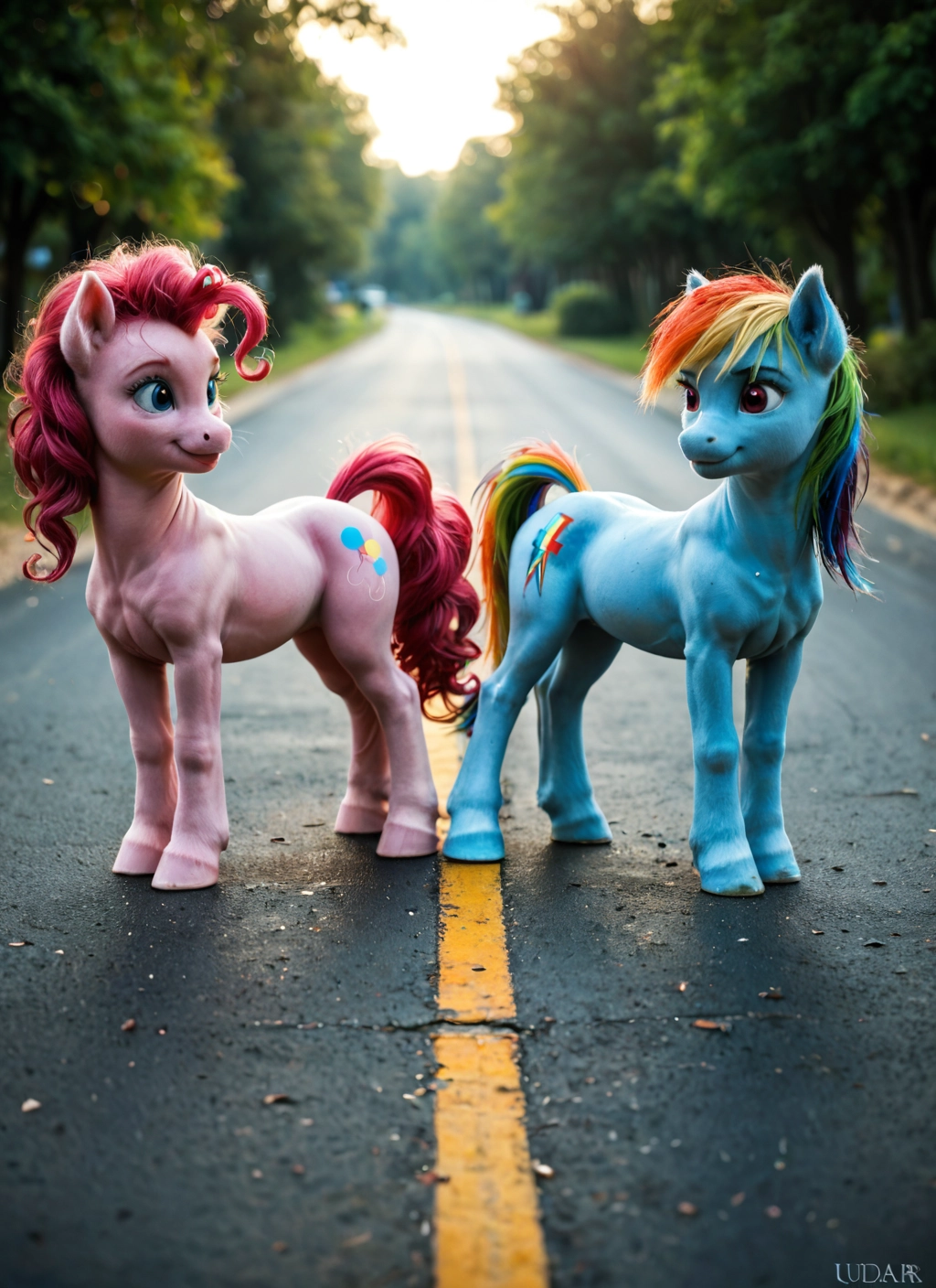 no humans, blue eyes, road, horse, tree, day