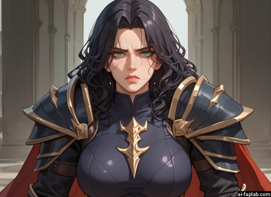 1girl, breasts, green eyes, black hair, solo, armor · Yamete.gg