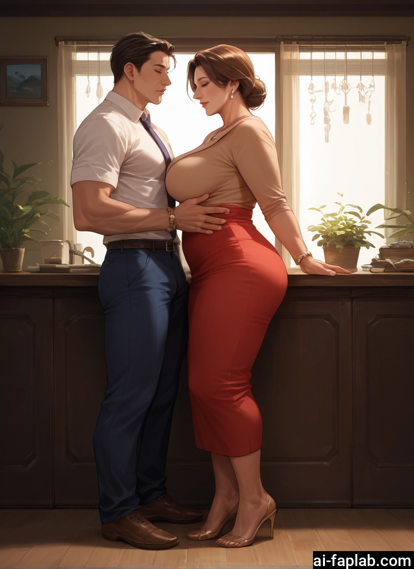 1girl, 1boy, breasts, skirt, jewelry, high heels