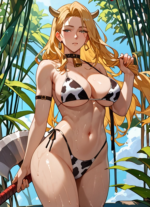 1girl, breasts, swimsuit, bikini, blonde hair, jewelry