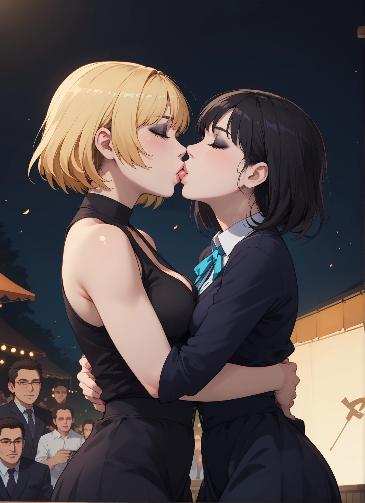multiple girls, 2girls, blonde hair, dress, kiss, breasts · Yamete.gg