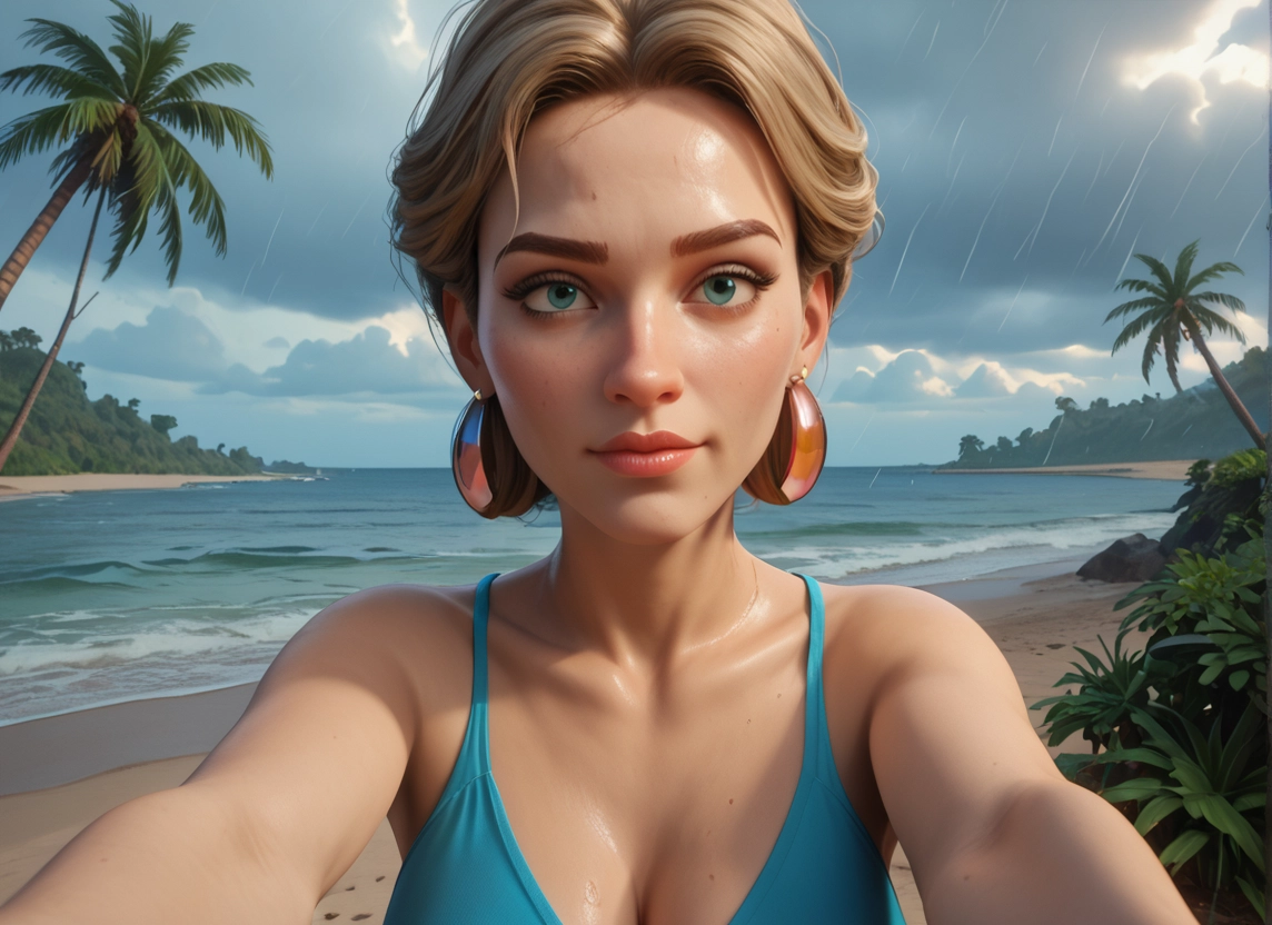 1girl, palm tree, solo, swimsuit, tree, breasts · Yamete.gg