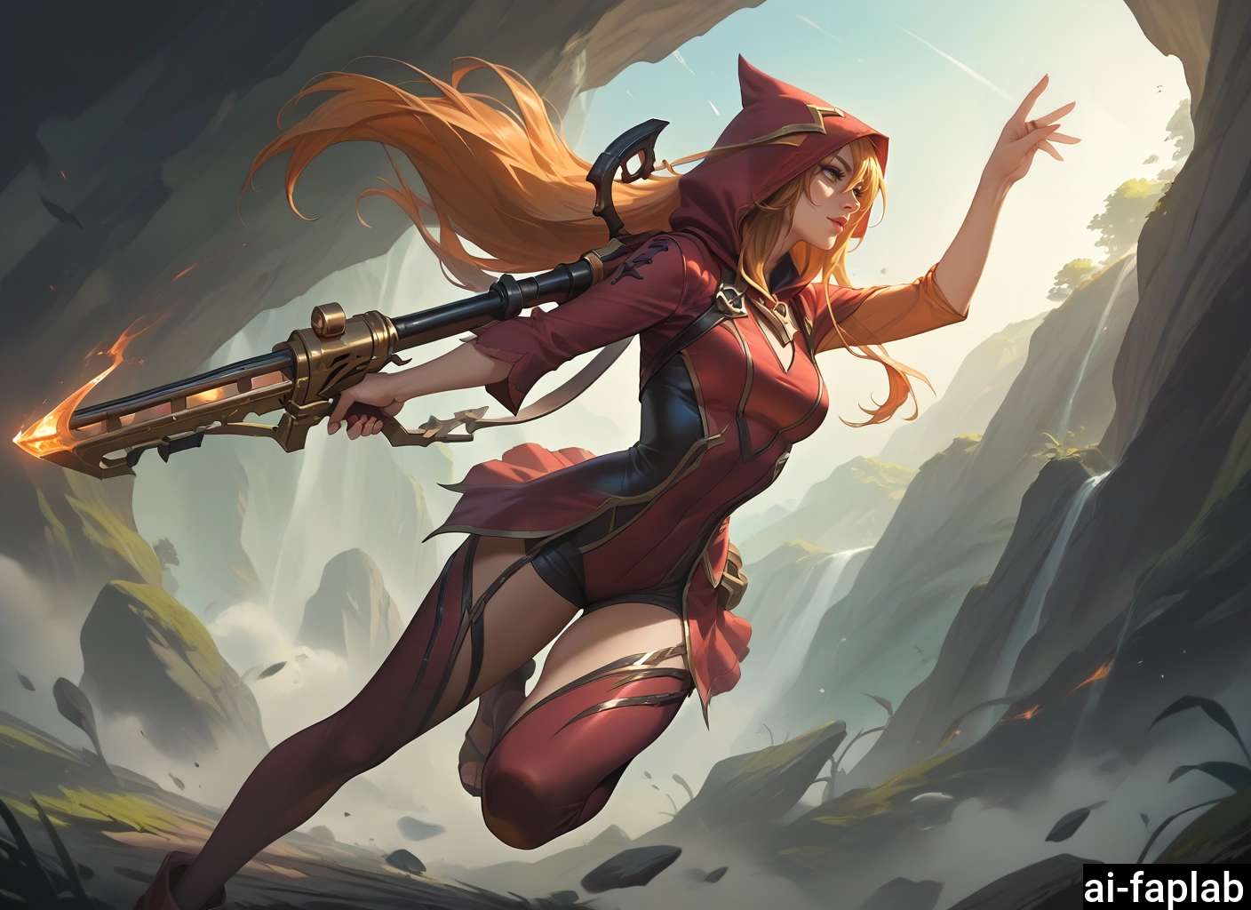 1girl, solo, long hair, weapon, gun, thighhighs