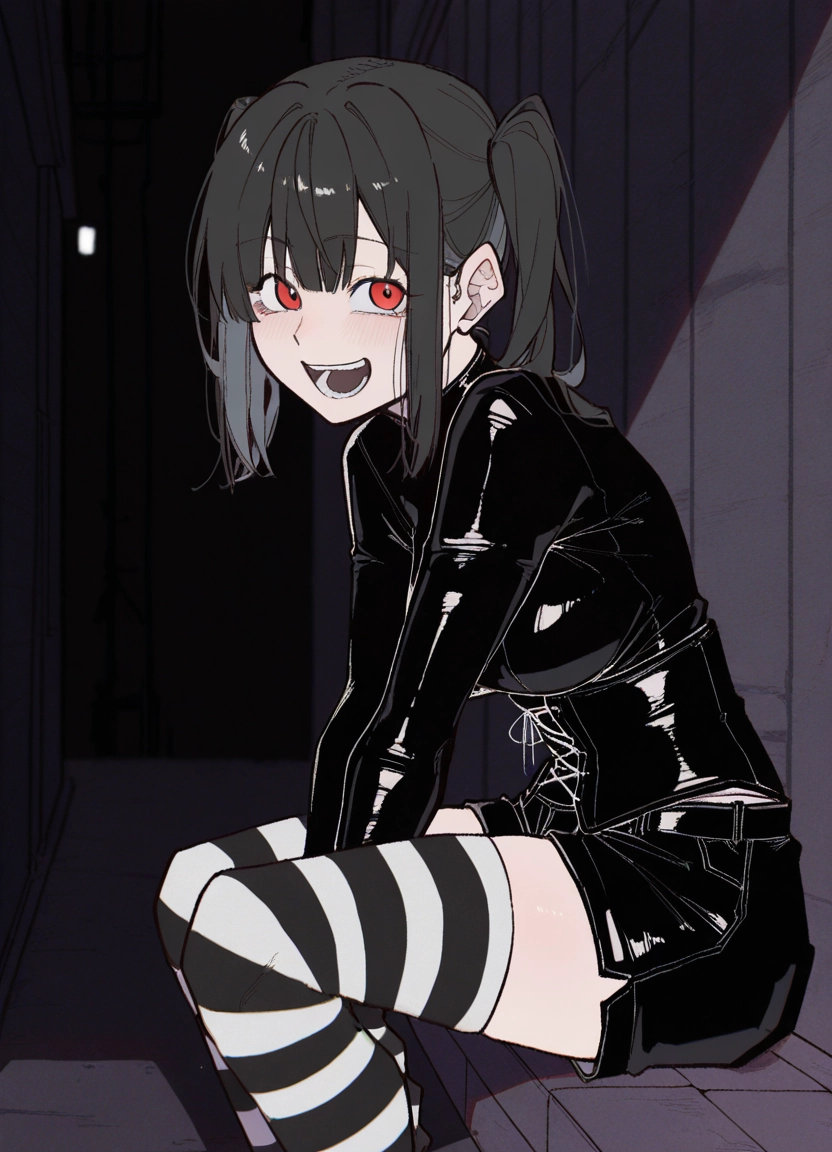 1girl, solo, striped, thighhighs, striped legwear, open mouth · Yamete.gg