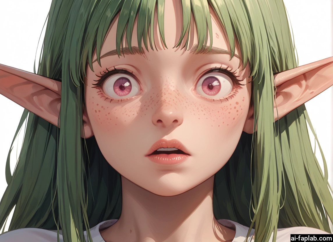 1girl, solo, pointy ears, freckles, green hair, white background · Yamete.gg