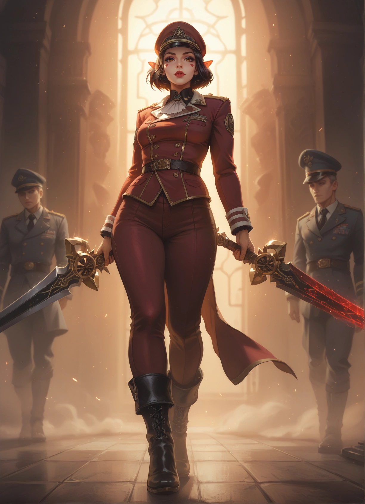 1girl, weapon, sword, hat, multiple boys, uniform · Yamete.gg