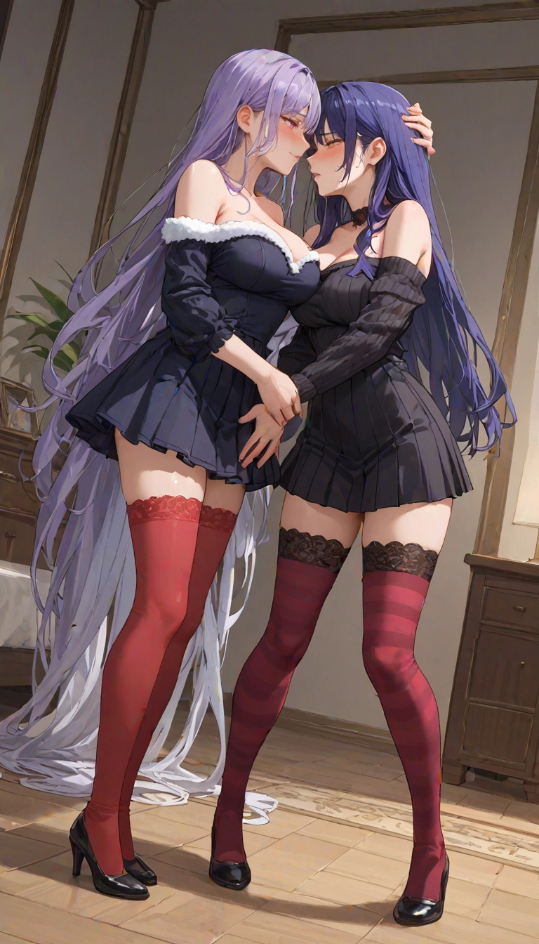 breasts, multiple girls, thighhighs, 2girls, long hair, yuri · Yamete.gg