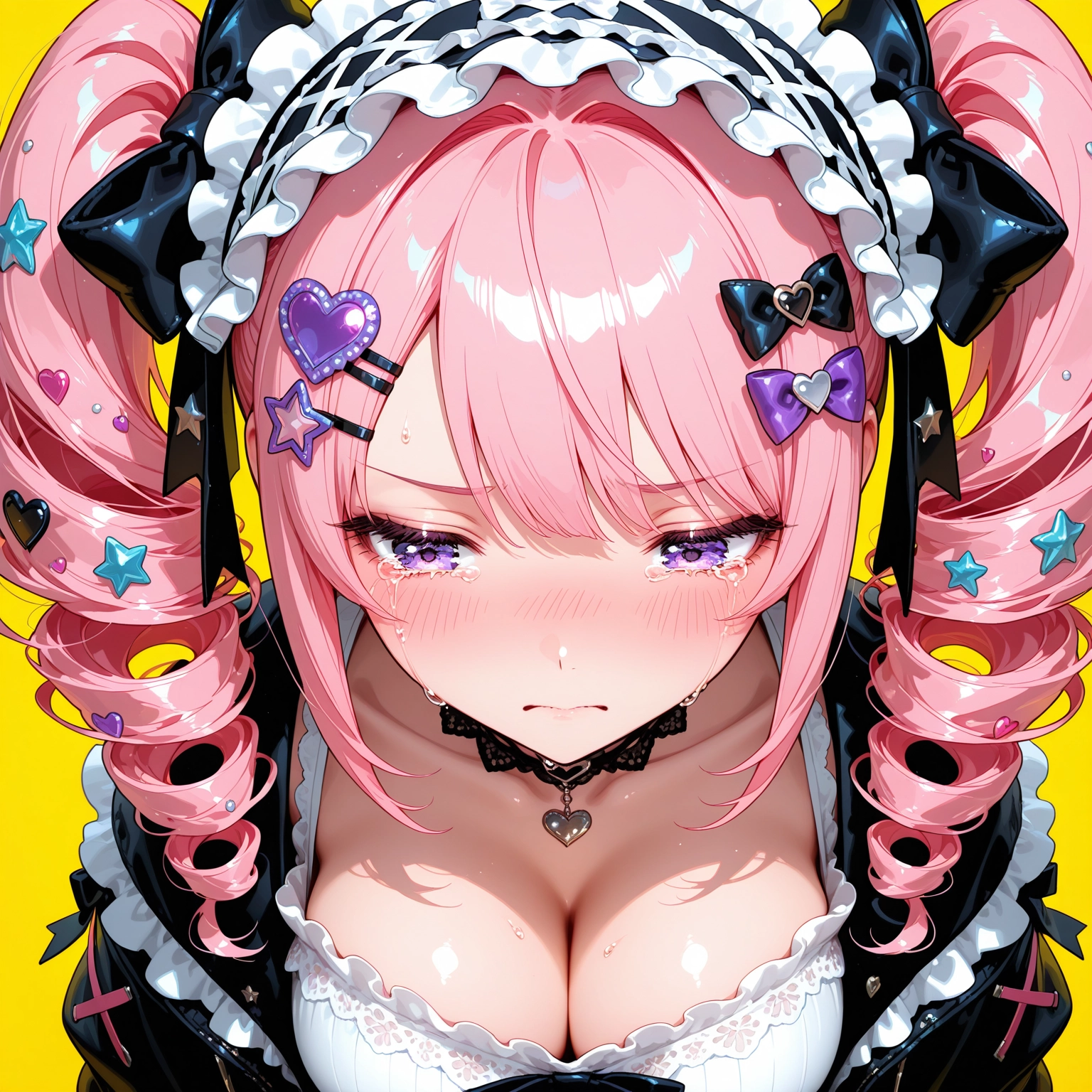 1girl, breasts, pink hair, cleavage, solo, hair ornament · Yamete.gg