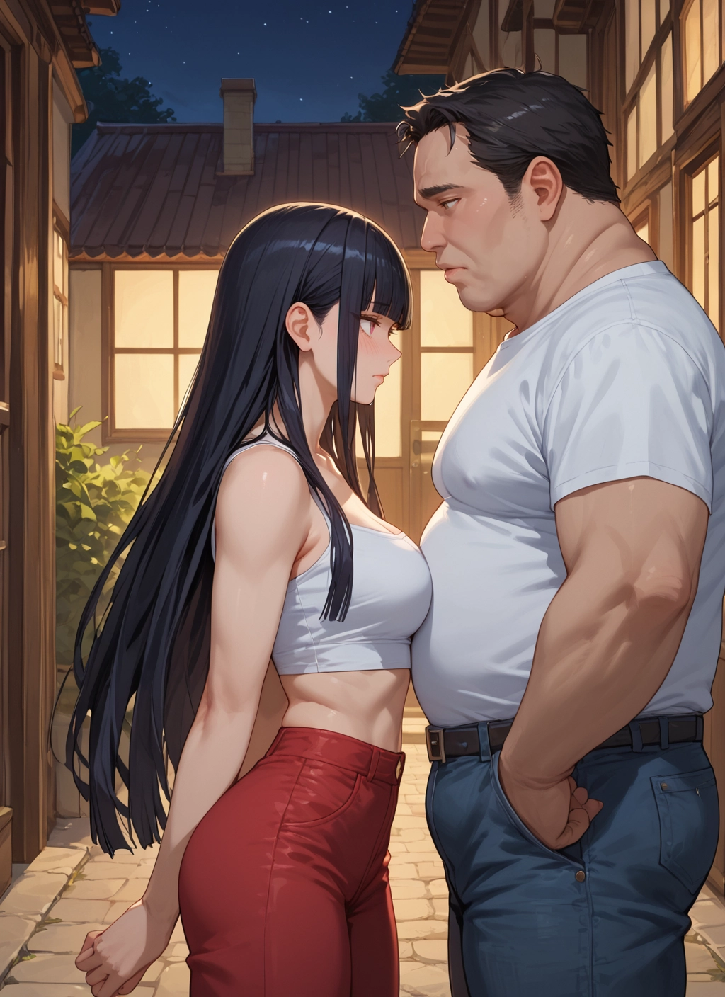 1girl, 1boy, long hair, breasts, black hair, pants · Yamete.gg
