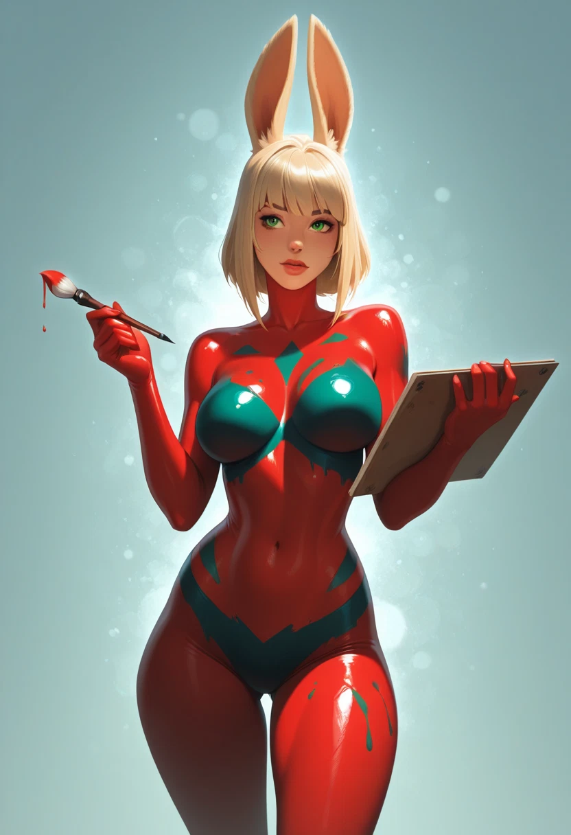 1girl, solo, animal ears, breasts, green eyes, rabbit ears