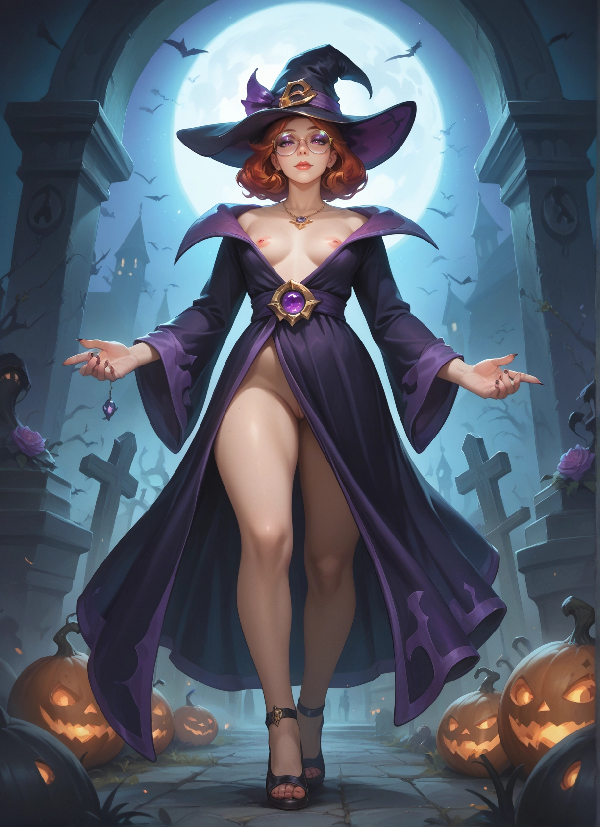 1girl, hat, breasts, witch hat, solo, nipples · Yamete.gg