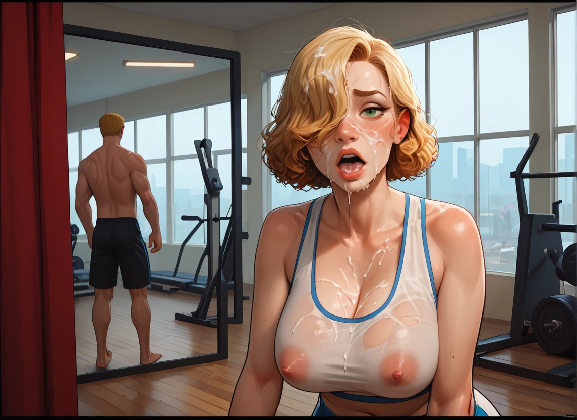 1girl, 1boy, gym, breasts, blonde hair, facial · Yamete.gg