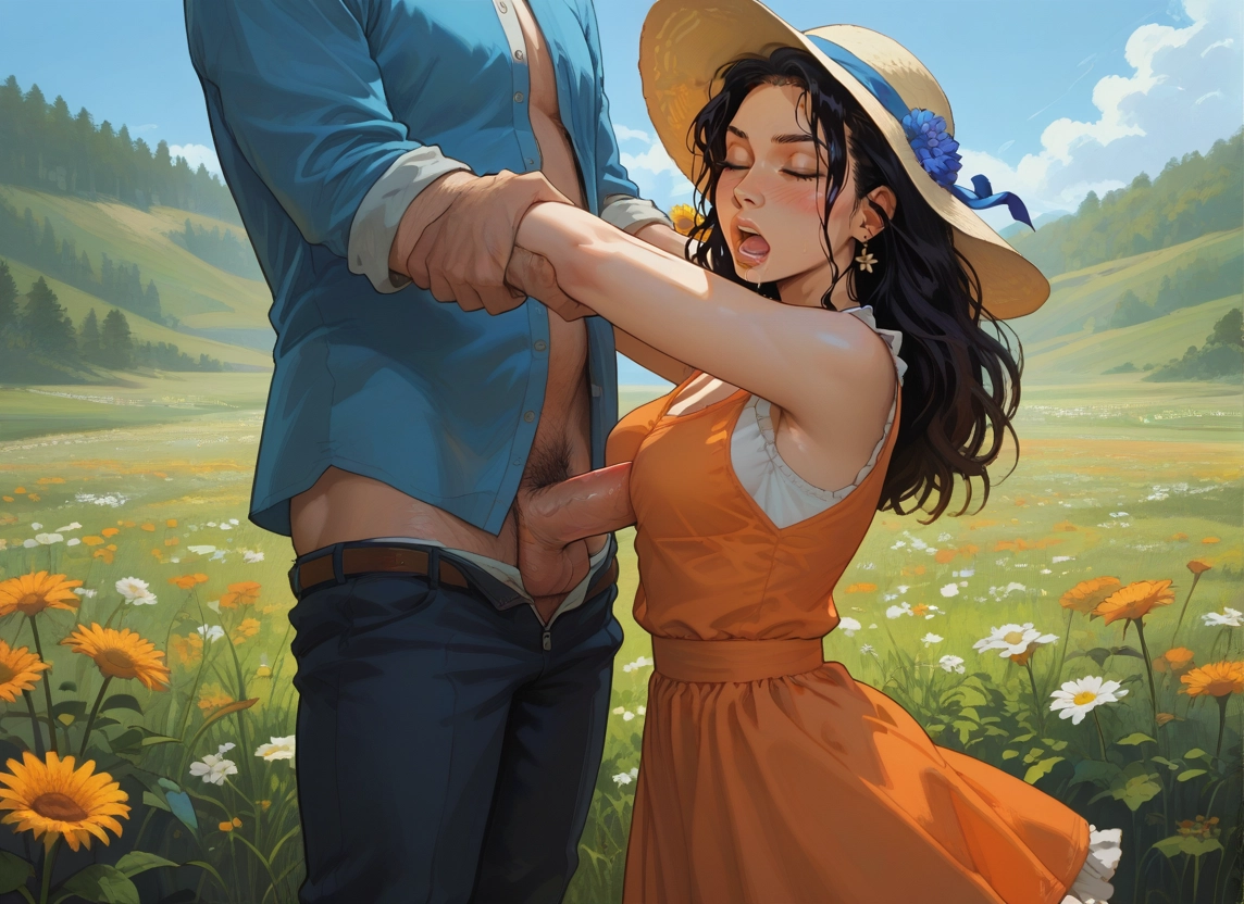 1girl, 1boy, outdoors, penis, hat, flower · Yamete.gg