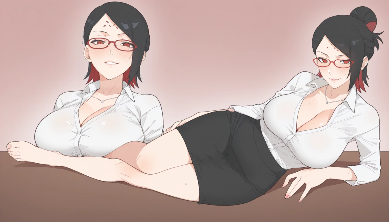 1girl, breasts, red-framed eyewear, glasses, cleavage, skirt · Yamete.gg
