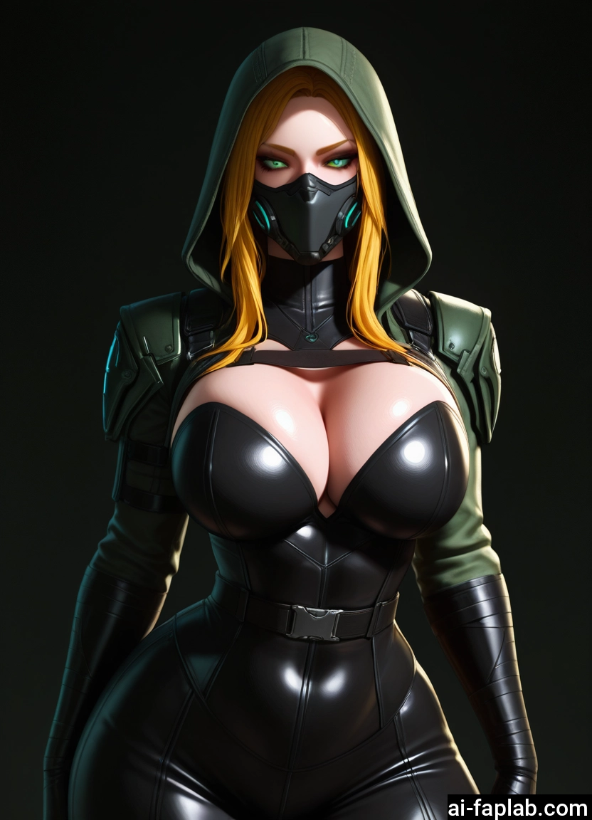 1girl, breasts, mask, blonde hair, solo, hood