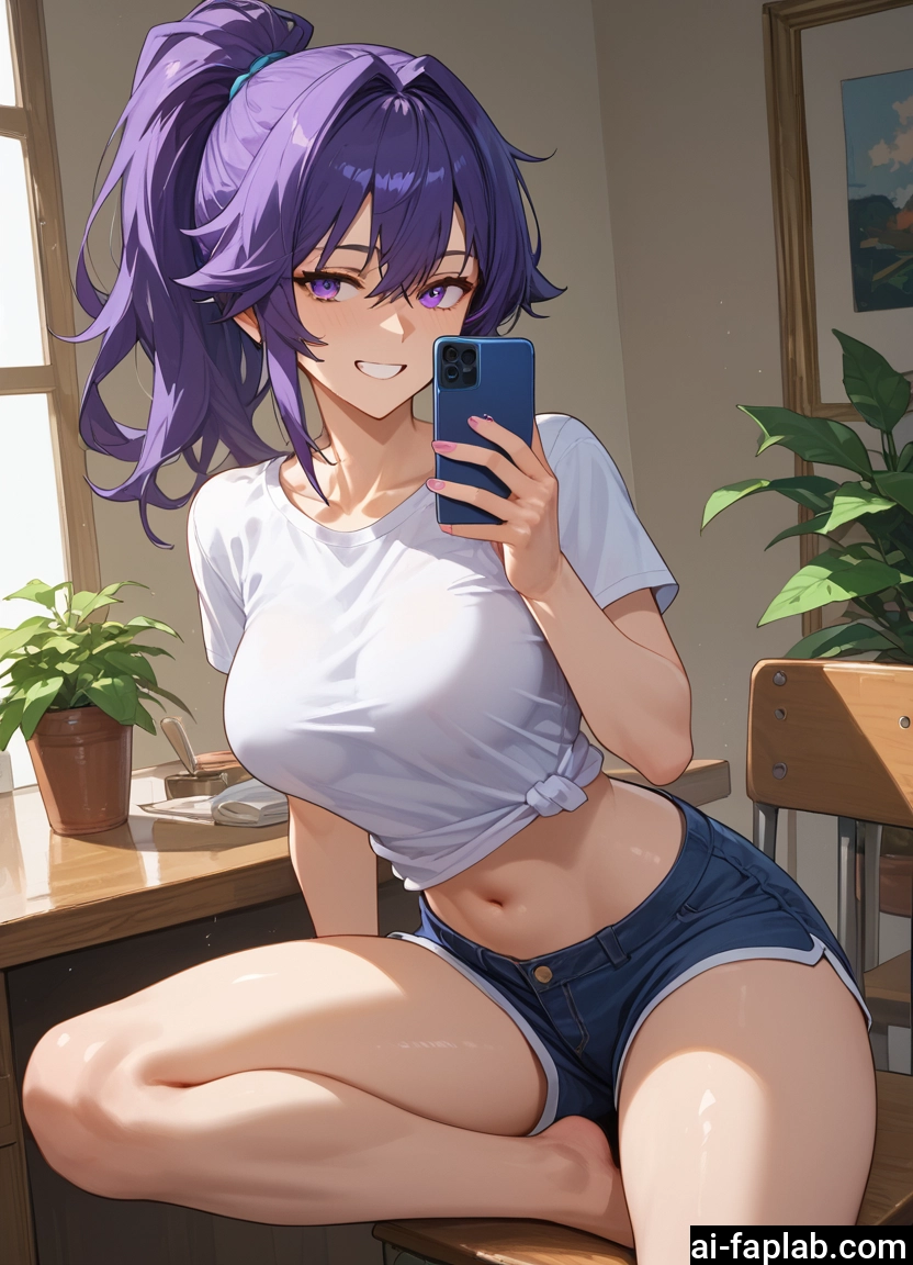 1girl, shorts, breasts, smile, phone, navel