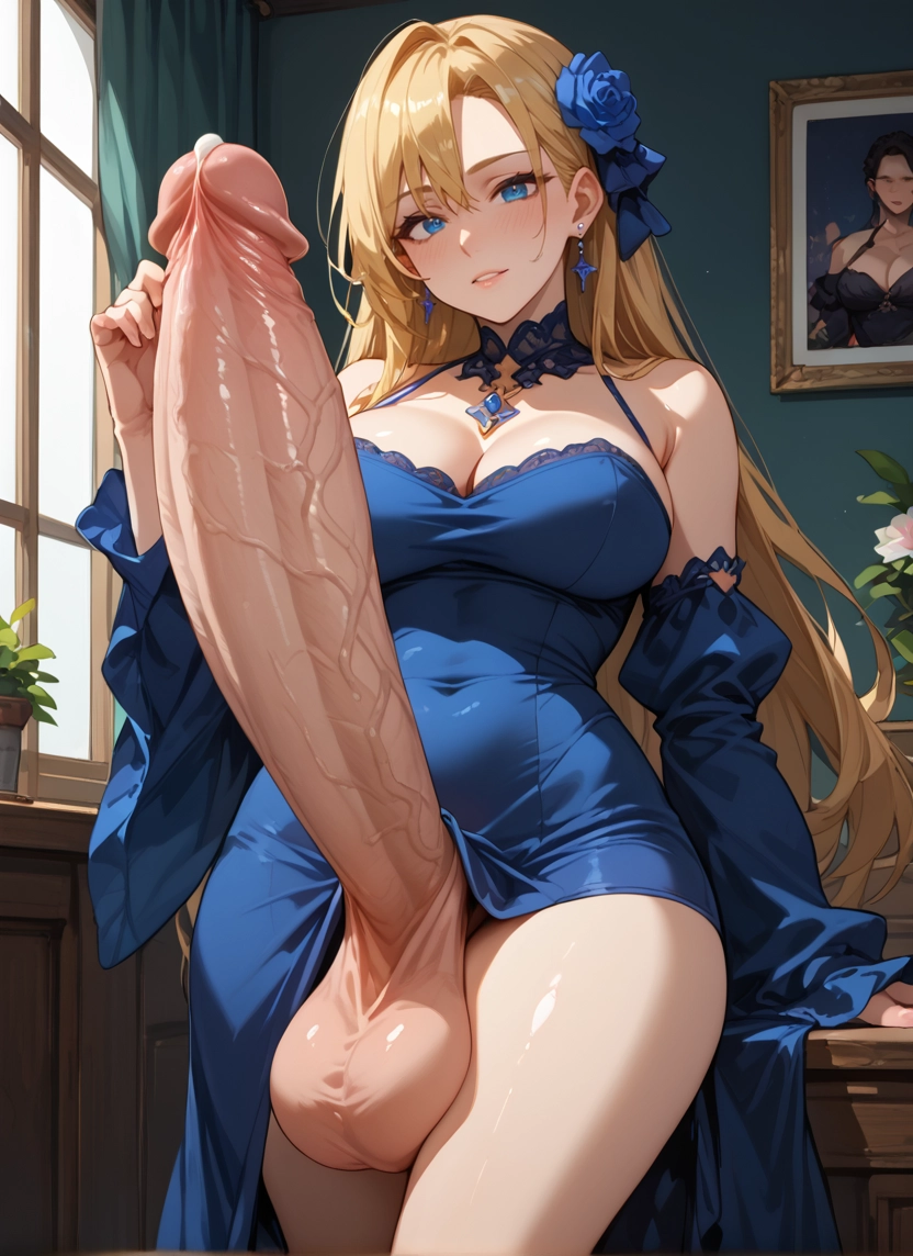 futanari, breasts, penis, dress, blue eyes, testicles · Yamete.gg