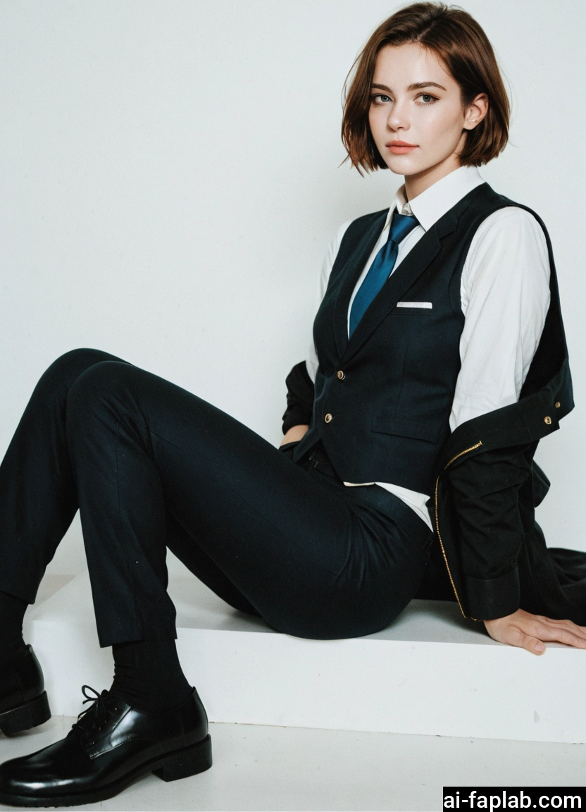 1girl, solo, necktie, sitting, pants, brown hair