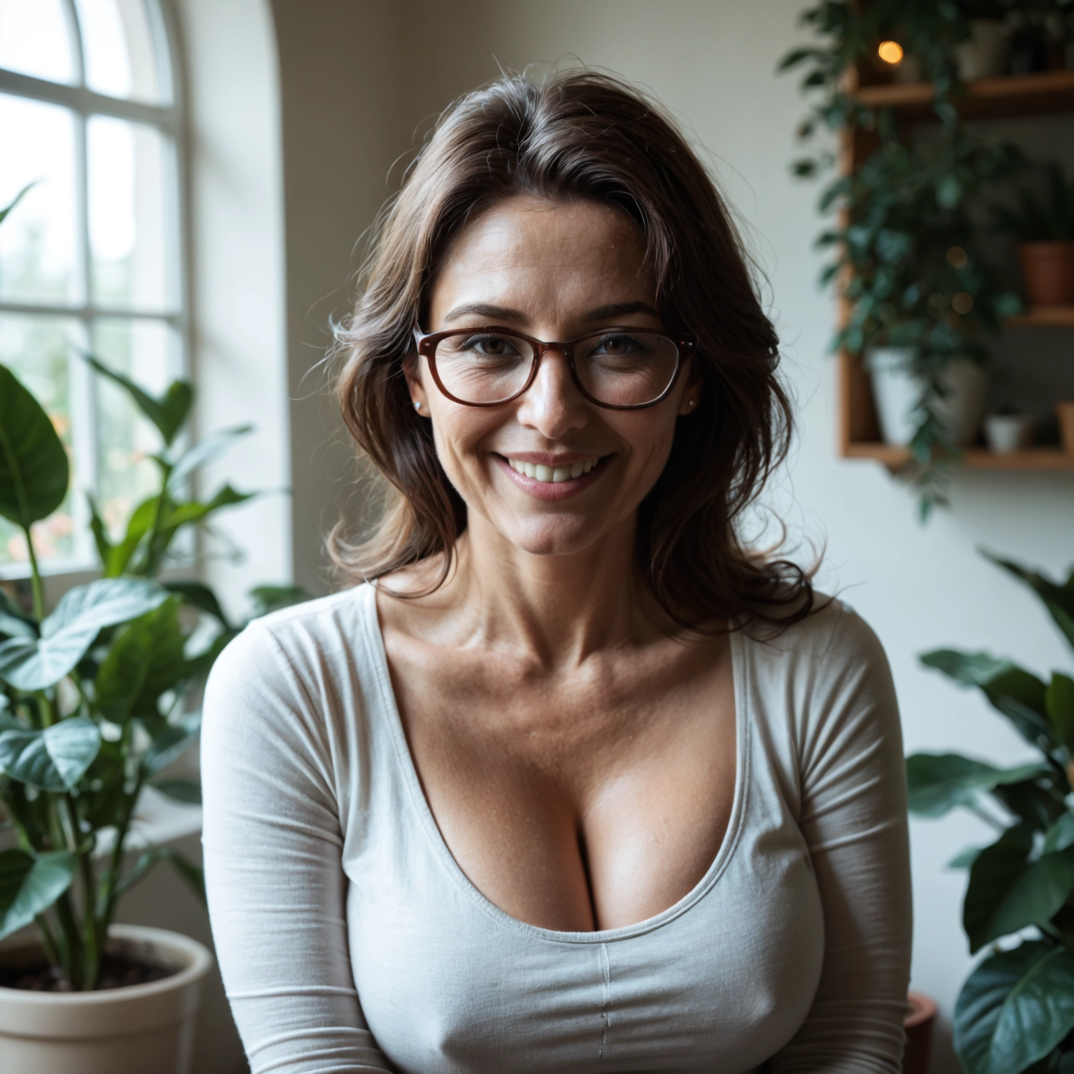 1girl, breasts, solo, cleavage, glasses, realistic · Yamete.gg